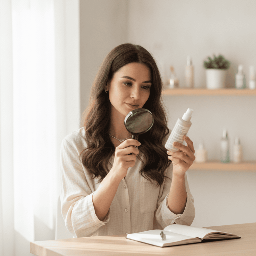 Seorang wanita memeriksa label komposisi produk untuk memastikan titik kritis bahan kosmetik halal