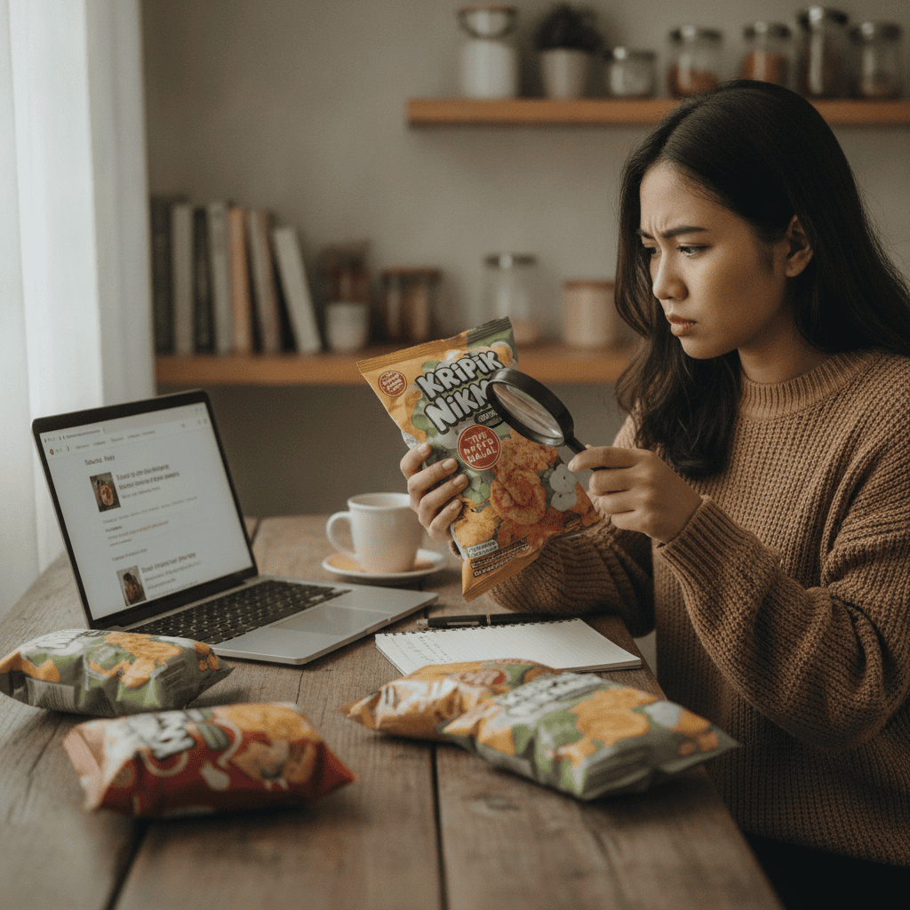 Seseorang sedang memeriksa label kemasan jajanan viral untuk memastikan titik kritis bahan halal