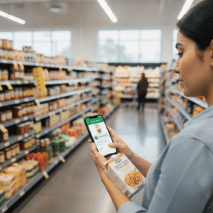 Seseorang sedang melakukan cek status halal produk melalui smartphone di supermarket