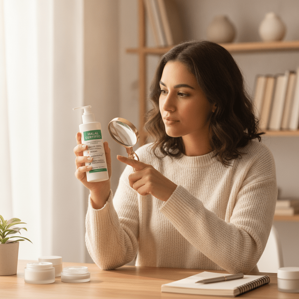 Seorang wanita memeriksa label komposisi alkohol dalam kosmetik halal pada kemasan produk skincare