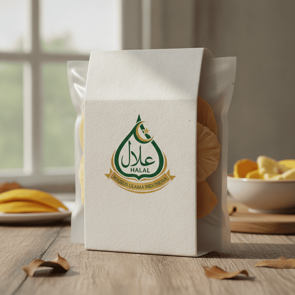 Logo halal Indonesia berbentuk gunungan wayang pada kemasan produk