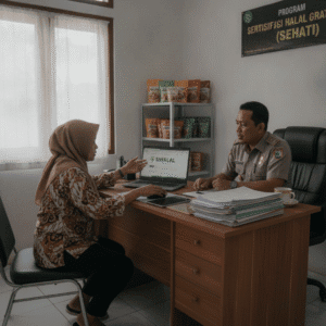 Pelaku usaha mikro sedang mengurus sertifikasi halal gratis SEHATI melalui sistem SIHALAL
