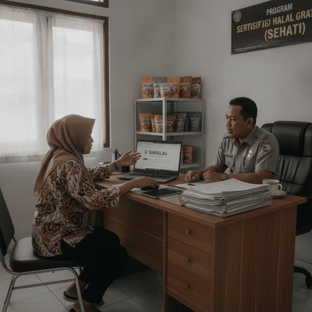 Pelaku usaha mikro sedang mengurus sertifikasi halal gratis SEHATI melalui sistem SIHALAL