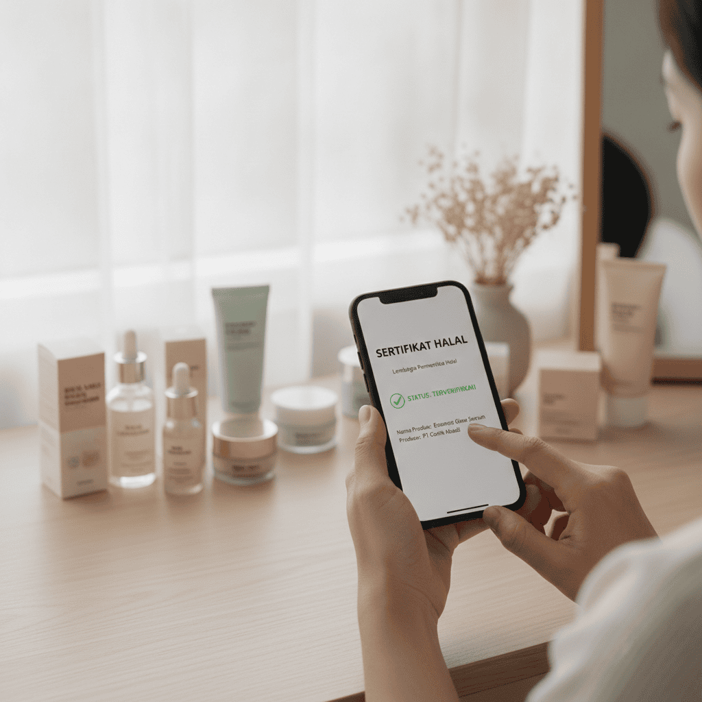 Seseorang sedang melakukan cek sertifikat halal kosmetik melalui smartphone dengan latar belakang produk skincare