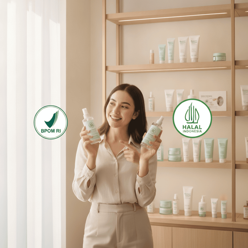 Ilustrasi wanita memilih produk skincare dengan label BPOM dan logo standar halal kosmetik Indonesia